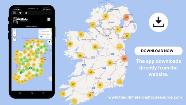 a map and a picture of a cell phone road tripping around Ireland