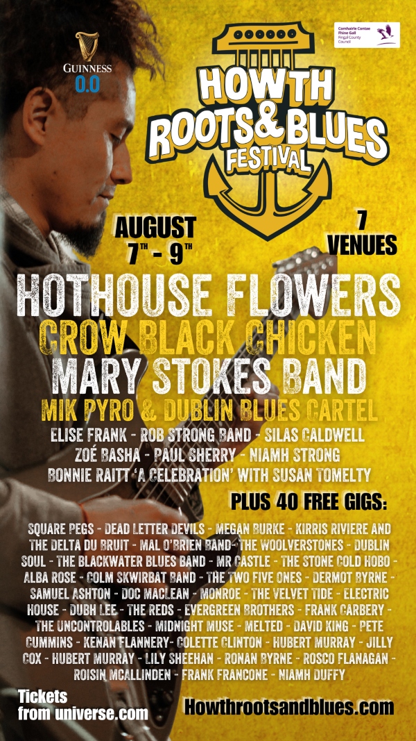 a poster showing a guitar player Howth Roots and Blues Festival