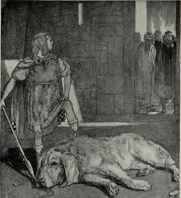 a dog lying on the floor beside a warrior Irish wolfhound experience in Ireland
