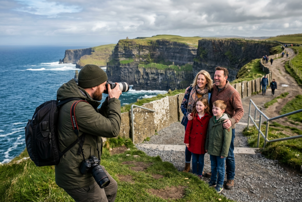 A man taking photos of a family near the cliffs The Ireland Travel Business Network List